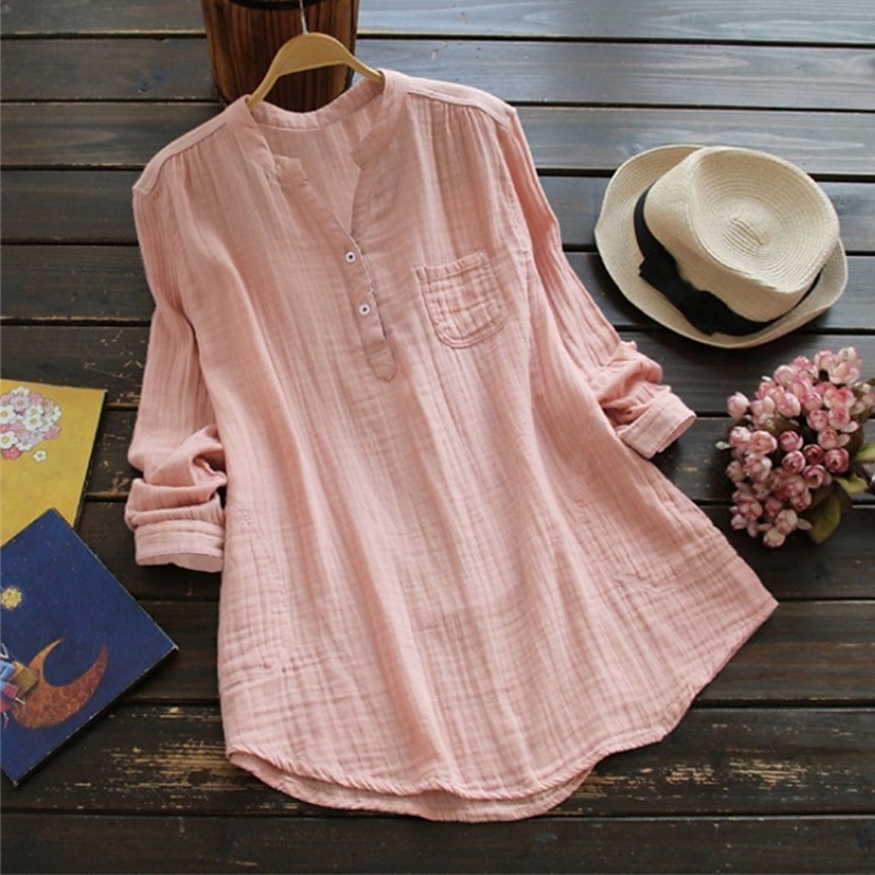 Per donna Camicia Camicie ispirate al lino Blusa Semplice Essenziale Casual Manica Lunga Scollo a V Top Regolari Quotidiano Ferie Bottoni Tasca Bianco Rosa Blu marino Estate del 2025 a $21.99 –P2