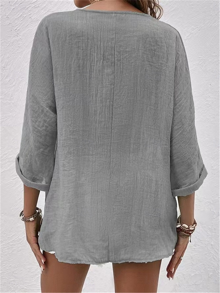 Damen Hemd Baumwoll-Leinen-Hemden Knopfleiste Bluse Einfach Basic Modern Langarm V Ausschnitt Normale Oberteile Täglich Ferien Knöpfe Rosa Blau Purpur Grün Khaki Sommer 2025 - $13.99 –P11