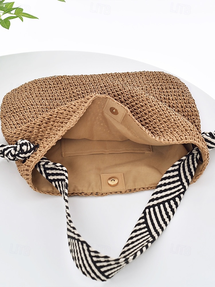 Damen-Umhängetasche aus gewebtem Stroh – Strandtasche im Boho-Chic-Stil mit Riemen im Zebramuster, leichte Sommerhandtasche für Reisen, Urlaub und Freizeitausflüge 2025 - $24.99 –P6