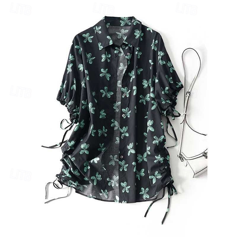 Dames Overhemd Katoenen linnen overhemden Linnen overhemd Knoop omhoog Bloem Dagelijks Stijlvol Casual Korte mouw Overhemdkraag Normale tops Dagelijks Feestdagen Uitgaan Knop Afdrukken Zwart Lente 2025 - $28.99 –P1