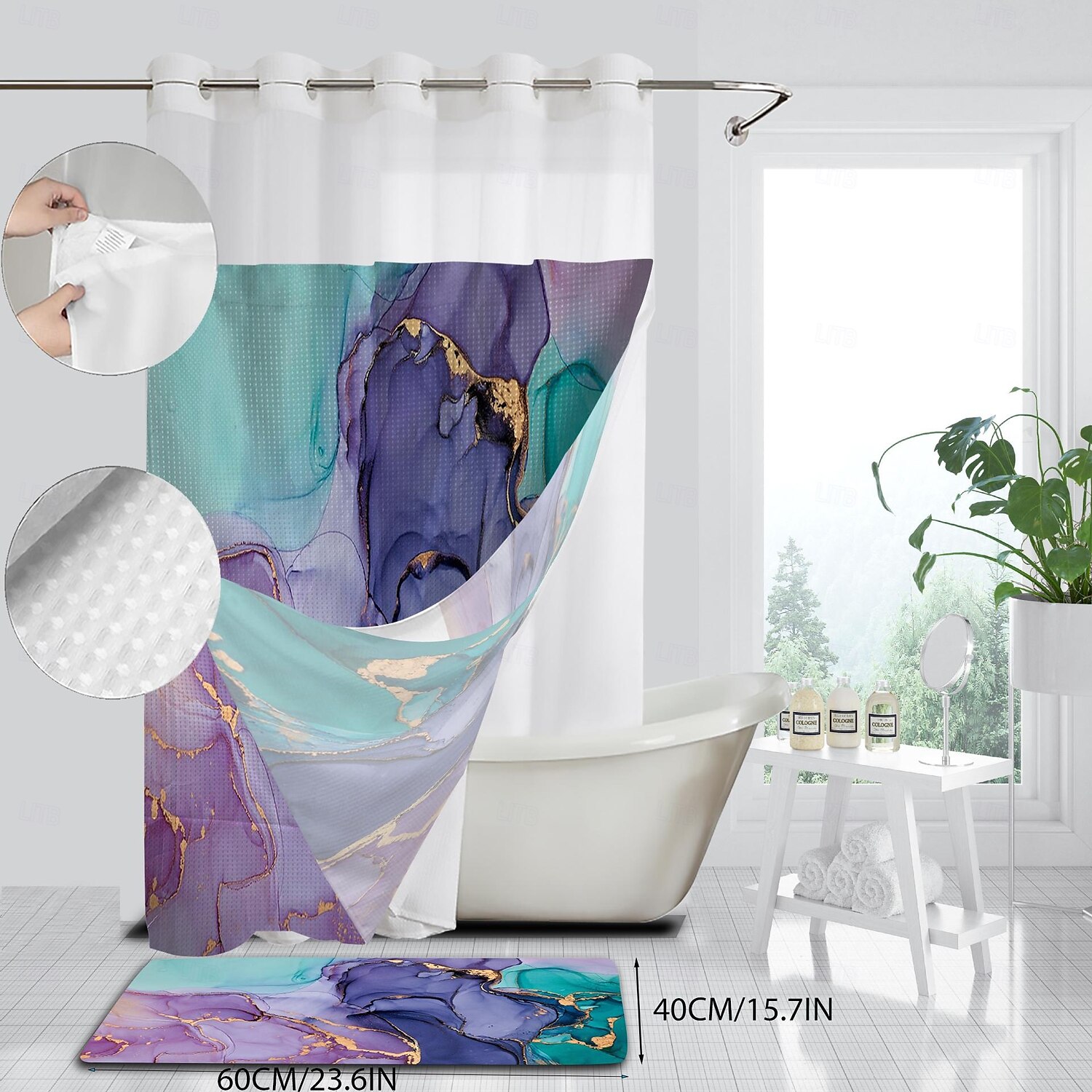 No Hook Shower Curtain 180cm*180cm(70"*70") Leaves Pattern Snap-In Fabric Liner Sheer Top Window Waterproof Double-Layer Bathtub Curtain 2025 - $60.99 –P10
