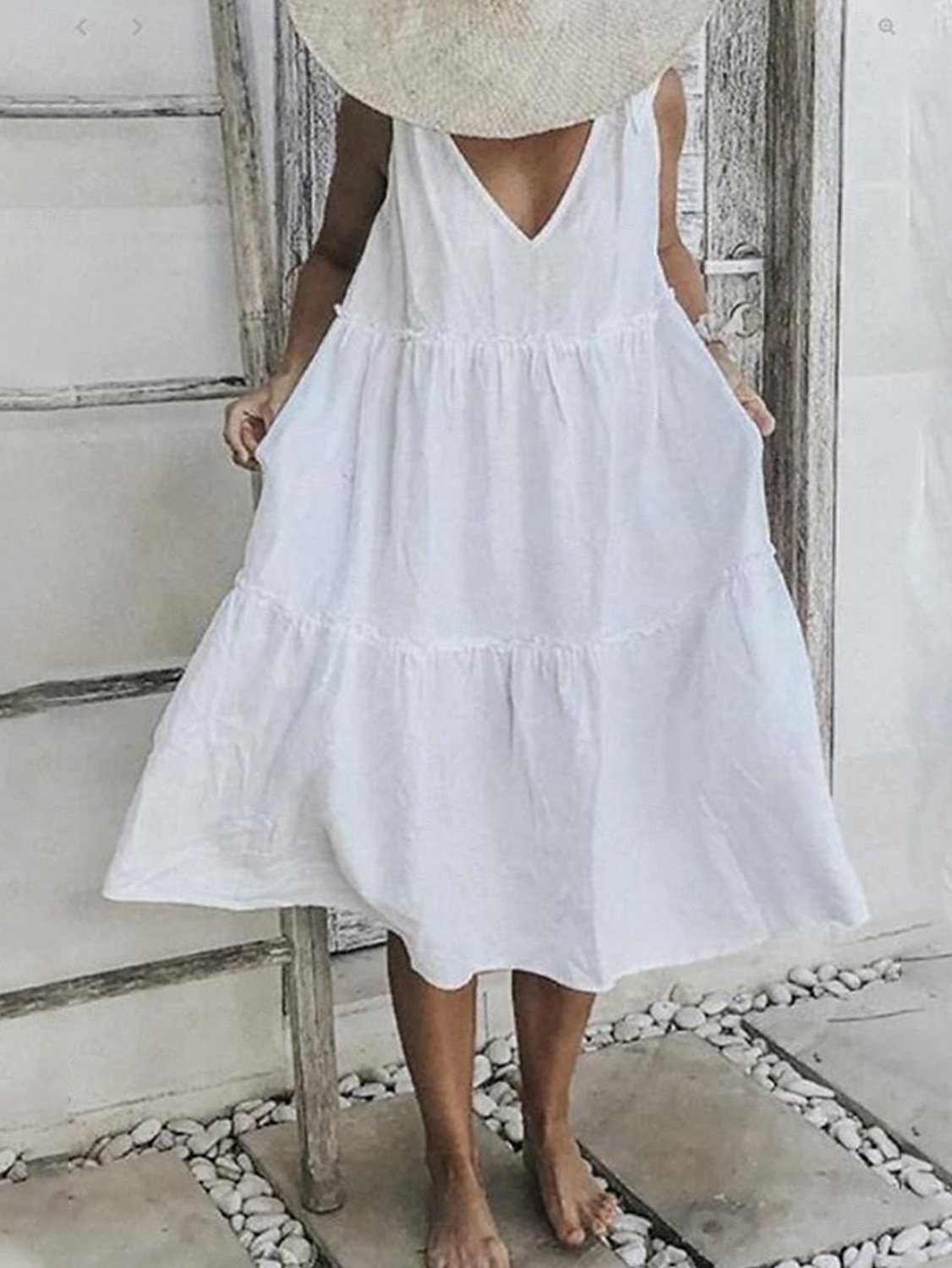 Damen Midikleid Weißes Kleid Casual kleid Sommerkleid Elegant Modern Täglich Sommerkleid Lockere Passform Glatt Einfarbig Ärmellos Tiefes V Schnürkragen Schwarz Weiß Rote Sommer 2025 - $17.99 –P8
