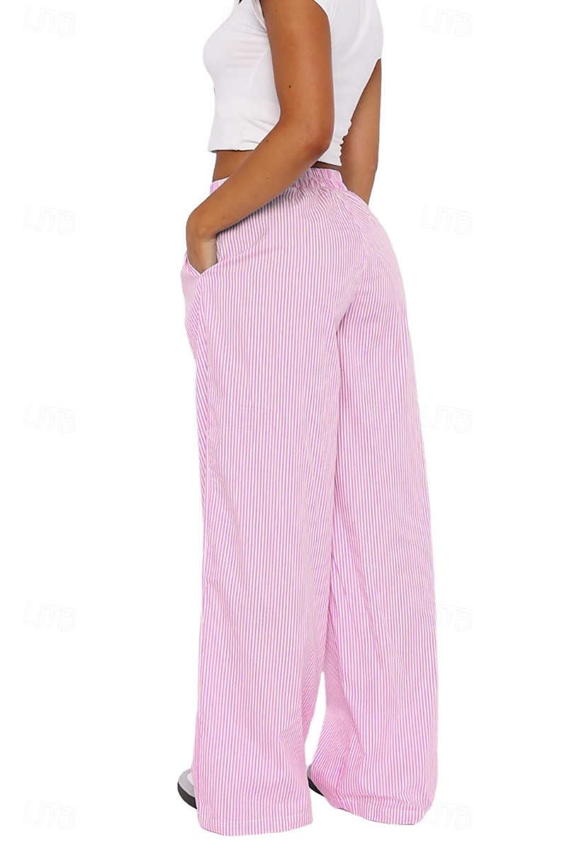 Damen Weites Bein Stoffhosen Mode Streetwear Volle Länge Natürliche Taille Gestreift Tasche Elastischer Bund Bequem Straße Ausgehen Rosa Blau Sommer Normale Passform 2025 - $26.99 –P10