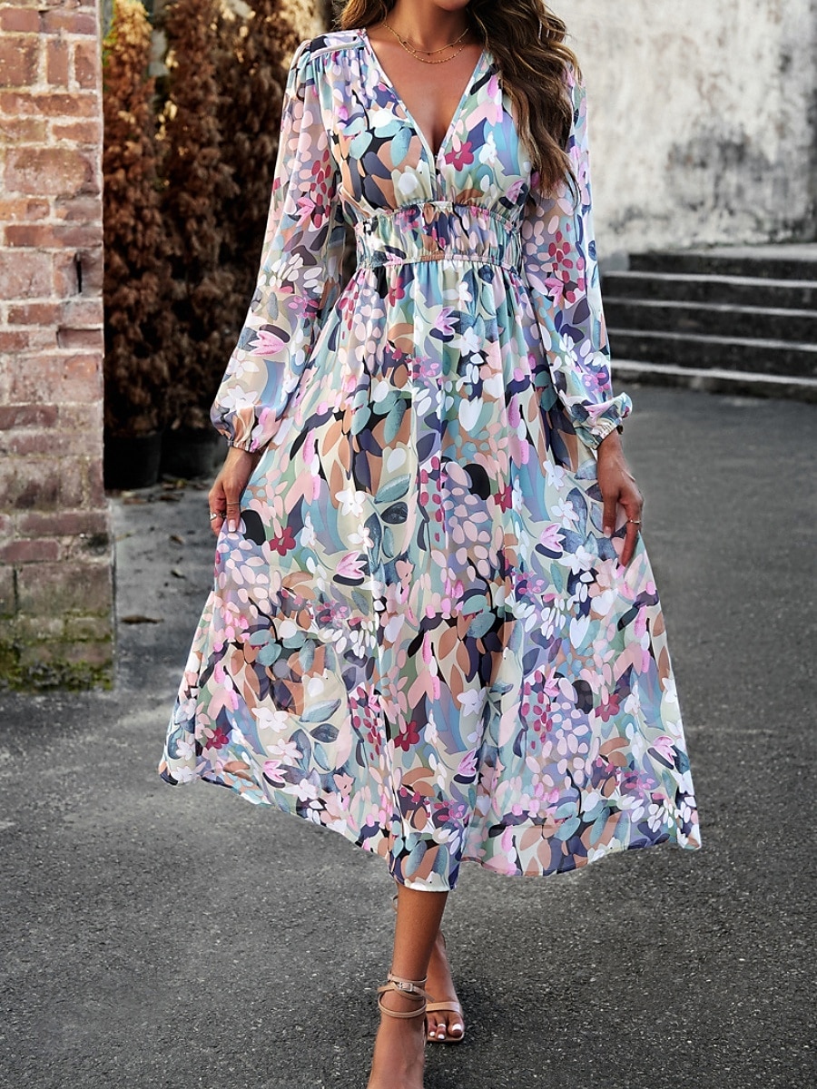 Women's Midi Dress A Line Dress Fit And Flare Dress Puff Sleeve Dress Vacation Casual Vacation Daily Regular Fit Graphic Long Sleeve V Neck Red Blue Green Apricot Summer 2025 - $46.99 –P17