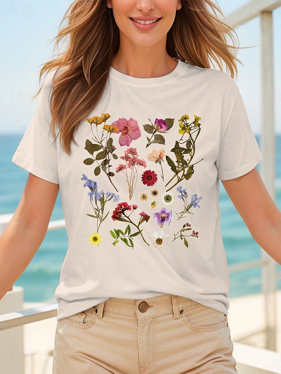 Pentru femei Tricou Cămașă din bumbac Floral Grafic Casual Manșon scurt Rotund Topuri obișnuite Zilnic Imprimeu Roz Îmbujorat Alburiu Albastru Deschis Vară 2025 - $19.99 –P1