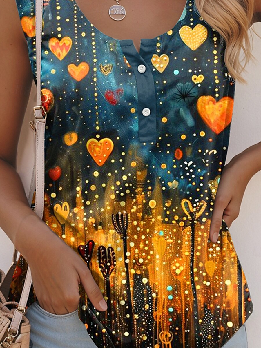 Női top camisole ombre szív hétköznapi ujjatlan U nyakú normál méretű napi gombos minta sárga nyár 2025 - $17.99 –P3