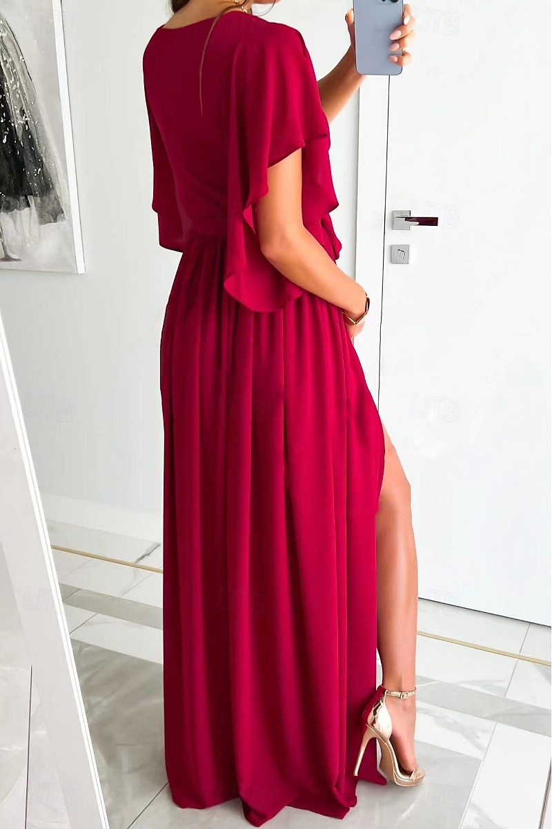 Damen kleid lang Formelle Kleidung Modisch Trompetenärmel Party Verabredung Regular Fit Glatt Kurzarm V Ausschnitt Schwarz Rote Blau Khaki Sommer 2025 - $23.99 –P4