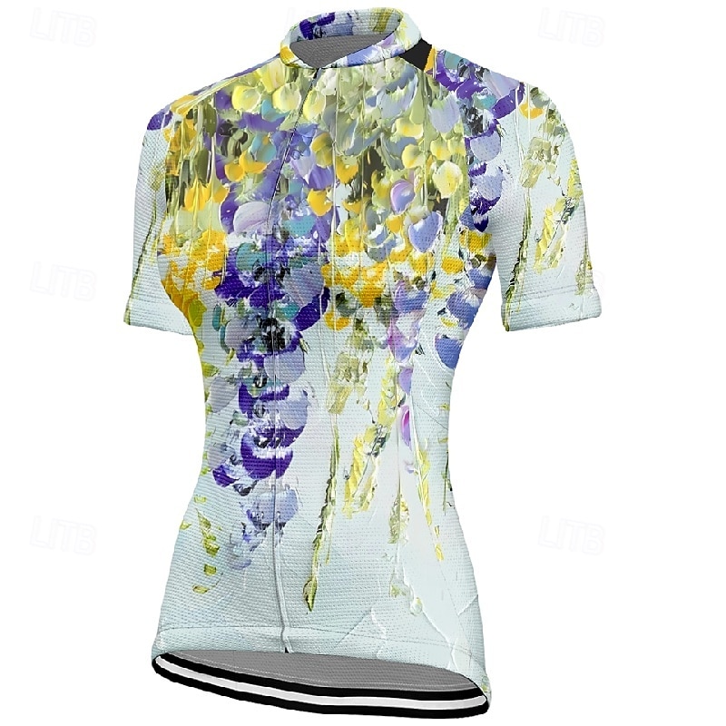 Dames Wielrenshirt Bloem Korte mouw Fietsen T-shirt Shirt met 3 achterzakken Bergracen Sneldrogend Anatomisch ontwerp Lampenkatoen Ademend Sport Paars Groen Kleding 2026 - $23.99 –P1