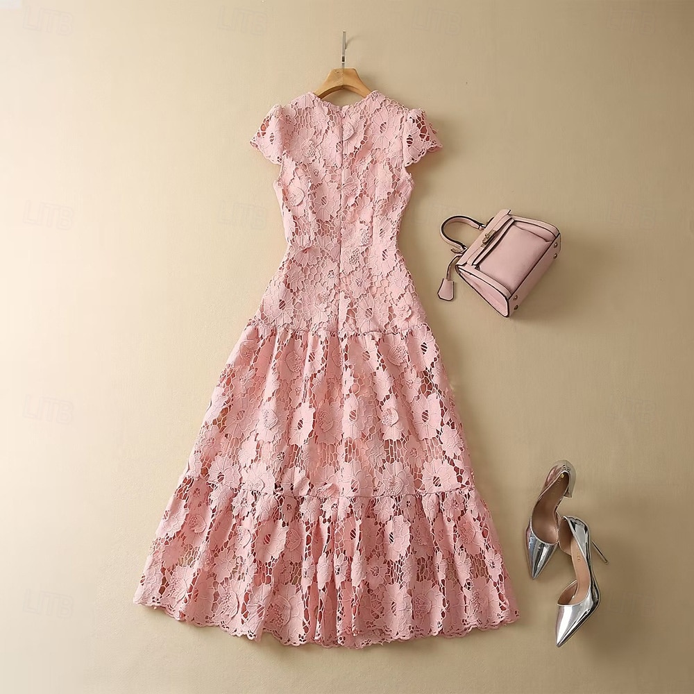 A-Line Cocktail Dresses Elegant Dress Wedding Guest Holiday Tea Length Short Sleeve Crew Neck Lace with Floral Lace 2025 - $159.99 –P7