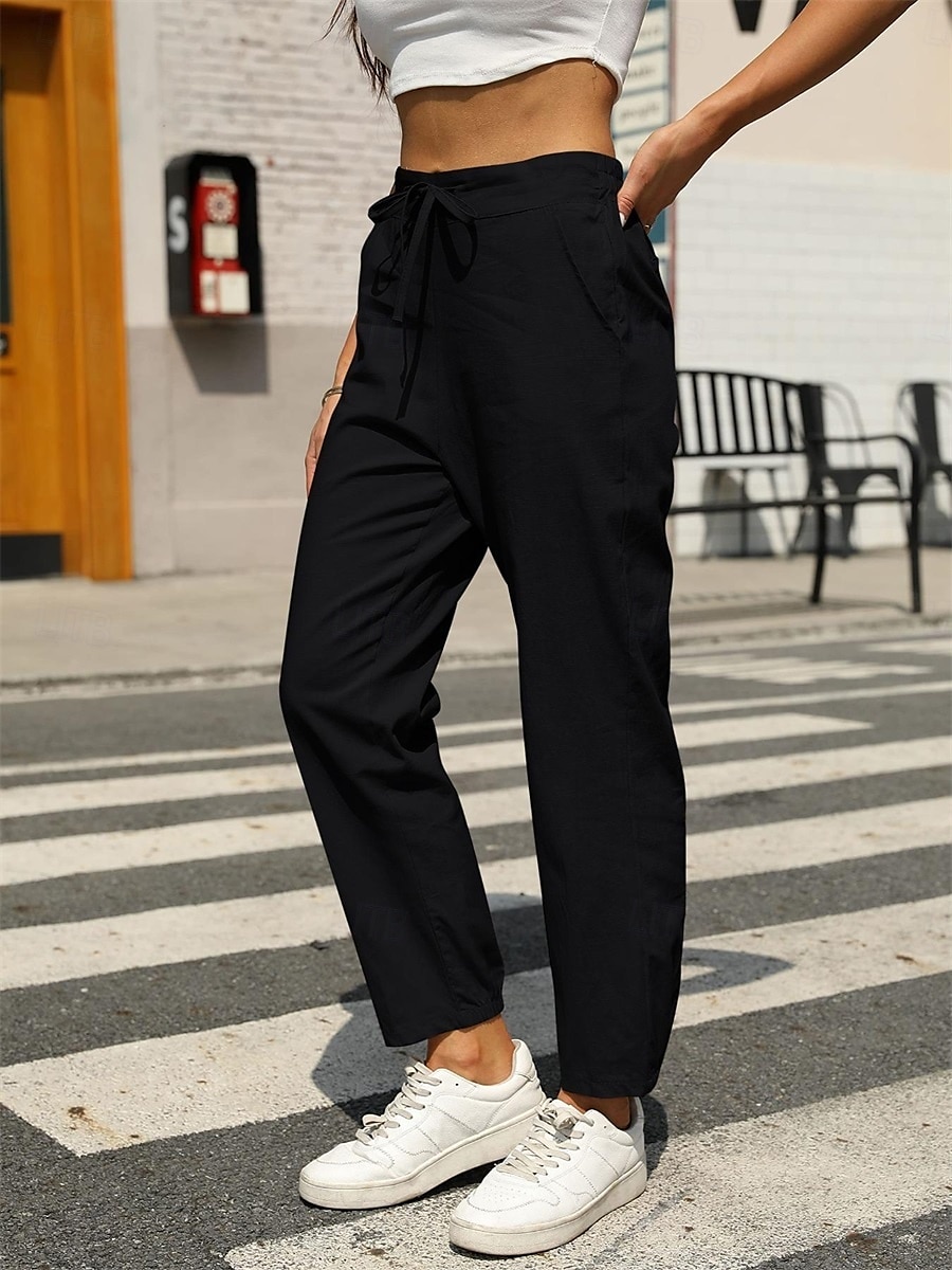 Women's Baggy Pants Chinos Fashion Streetwear Full Length Medium Waist Plain Pocket Drawstring Comfy Soft Comfortable Linen Like Micro-elastic Outdoor Street Black White Army Green Khaki Summer 2025 - $25.99 –P7