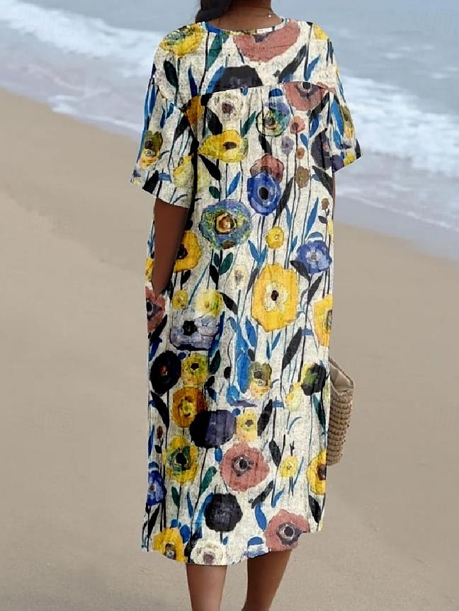 Robe Femme Midi Robe d'été A Line Lin Vacances Décontractée Plage Sortie Ajustement Large Graphique Fleurs Manches Courtes Col en V Jaune Bleu Été Plage de 2025 ? $36.99 –P4