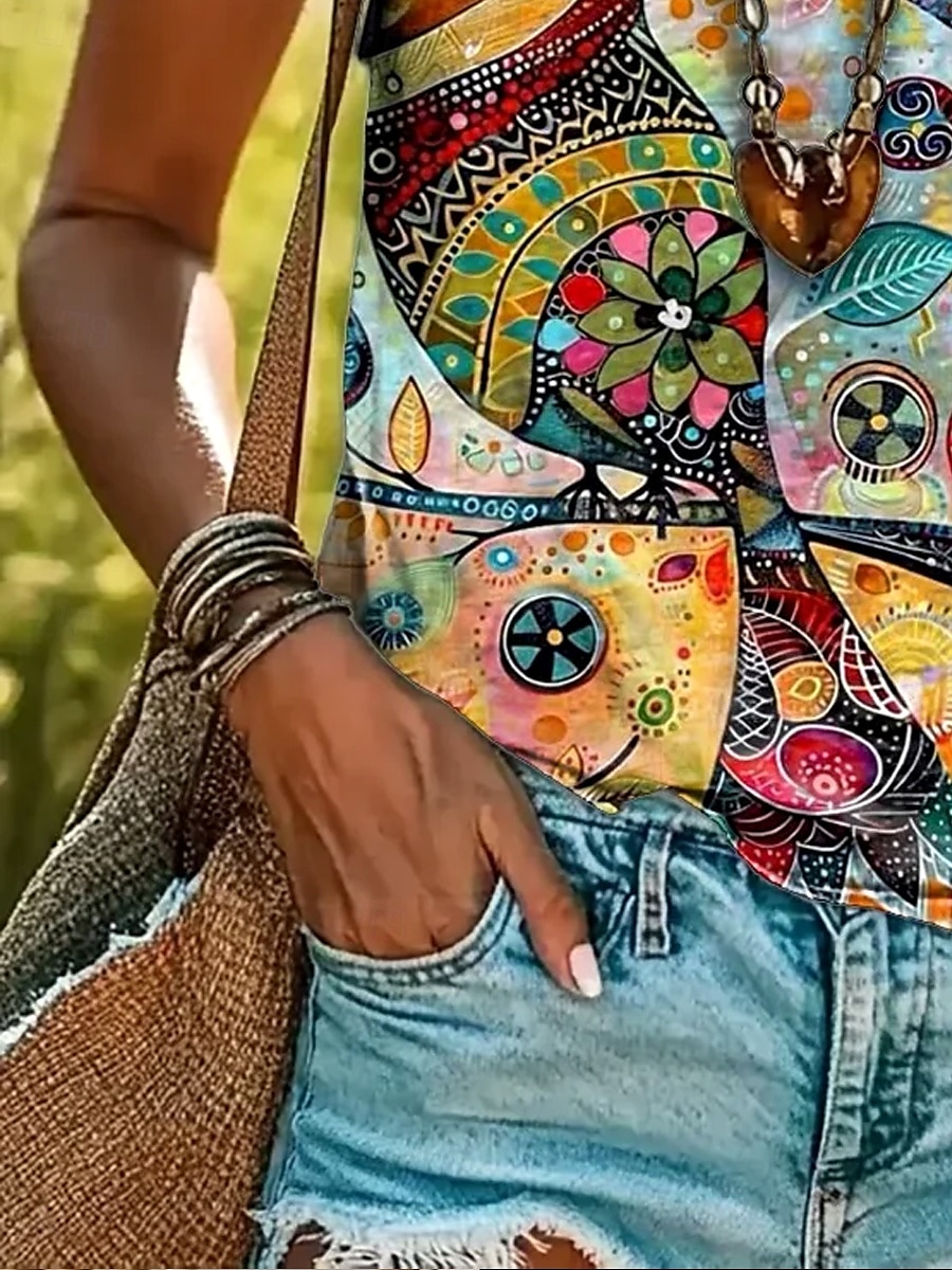 Top de măsuță pentru femei cu design grafic boho abstract casual fără mâneci guler rotund potrivit pentru purtarea zilnică weekenduri și vacanțe imprimeu verde salvie vară 2025 - $19.99 –P3
