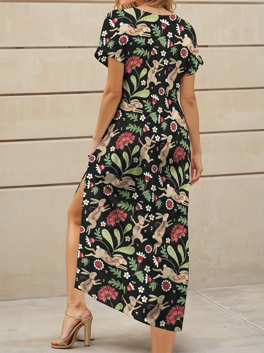 Velikonoční dámské maxi šaty A-line šaty letní šaty elegantní dovolená casual dovolená každodenní nošení pravidelný střih květinová grafika zvířata krátký rukáv v-krk červená léto jaro podzim 2025 - $28.99 –P2
