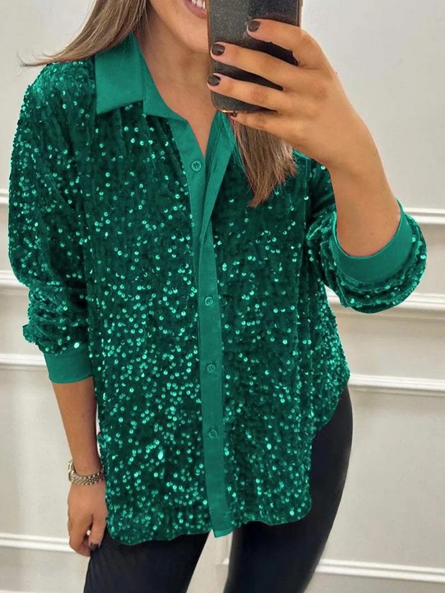 Per donna Camicia Blusa Semplice Elegante Moderno Manica Lunga Colletto a Camicia Top Regolari Quotidiano Paillettes Bottoni Tasca Nero Giallo Rosso Blu Viola Estate del 2025 a $23.99 –P7