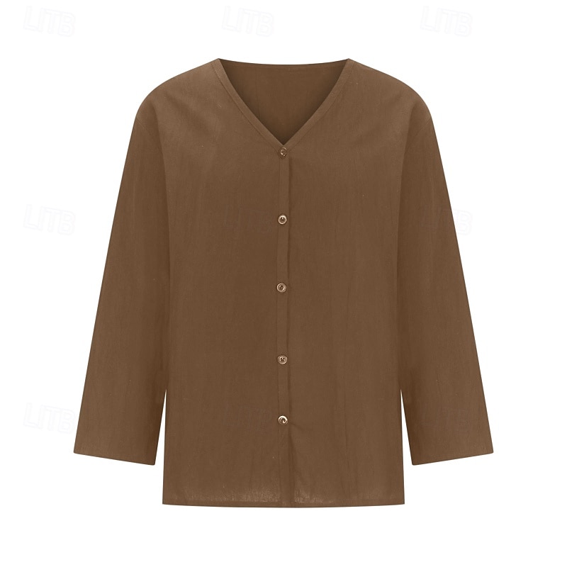 Damen Bluse Baumwoll-Leinen-Hemden Einfach Basic Modern Dreiviertelarm V Ausschnitt Normale Oberteile Täglich Ferien Ausgehen Knöpfe Schwarz Weiß Rosa Braun Aprikose Sommer 2025 - $22.99 –P9