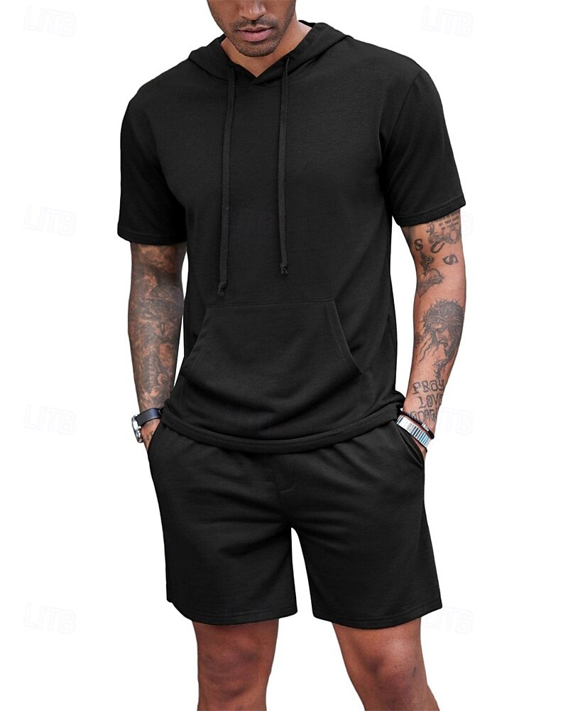 Bărbați Trening Tricou și pantaloni scurți Set de ținute Hanorac cu gluga În aer liber Zilnic Sport Buzunar Cordon Simplu Roșu Vin Negru Alb Poliester Îmbrăcăminte de Sport  Șic Stradă Ușor Vară 2025 - $30.99 -P7