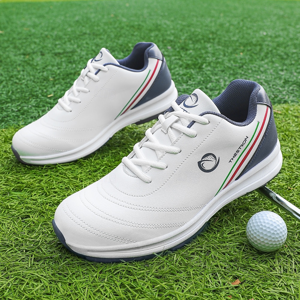 elegante hvite golfsko for menn med tricolor stripe, vanntett skinn, perfekt for profesjonell golfspilling 2025 - $59.99 -P2