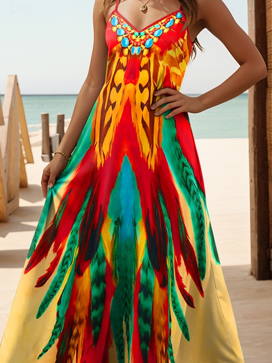 Damen Maxikleid A Linie Kleid Sommerkleid Unterkleid Urlaub Lässig Täglich Normale Passform Grafik Stammes Ärmellos V Ausschnitt Orange Sommer Frühling 2025 - $34.99 –P3