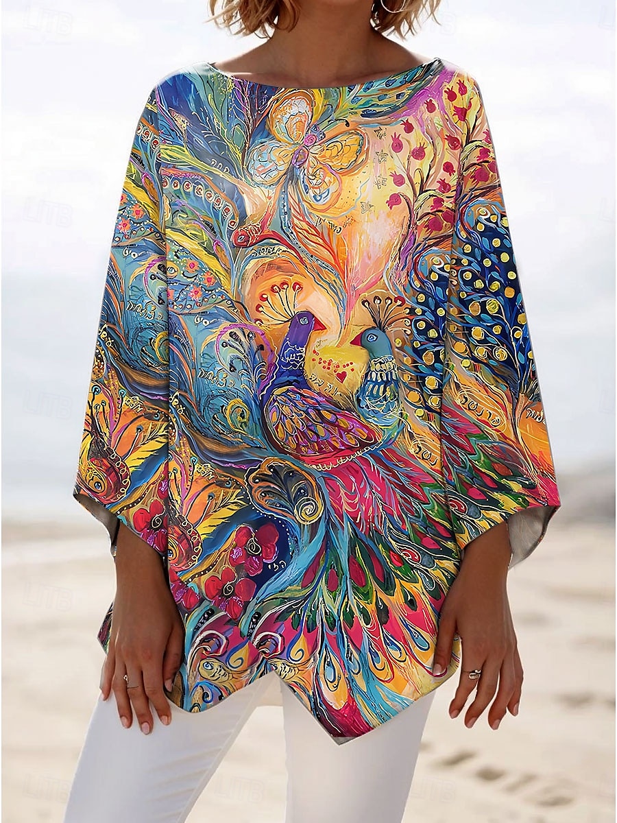 Dame Bluse Blomstret Grafisk Stilfull Strandstil 3/4 ermer Crew-hals Vanlige topper Daglig Trykt mønster Rød Blå Grønn Vår Høst 2025 - $24.99 –P1