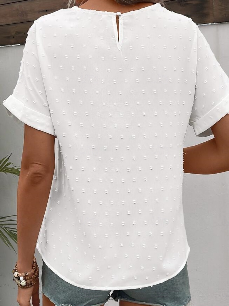T-shirt femme couleur unie plain mode moderne décontractée manches courtes col rond hauts réguliers quotidien week-end dentelle patchwork blanc été de 2025 ? $19.99 –P2