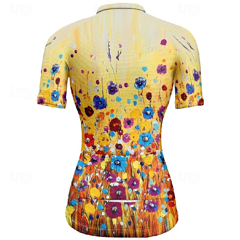 Dame Sykkeltrøyer Blomsternål i krystall Kortermet Sykkel T-skjorte Jersey med 3 baklommer Fjellsykling Hurtigtørkende Anatomisk design Vidje Pustende sport Gul Blå Oransje Klær 2026 - $23.99 –P4
