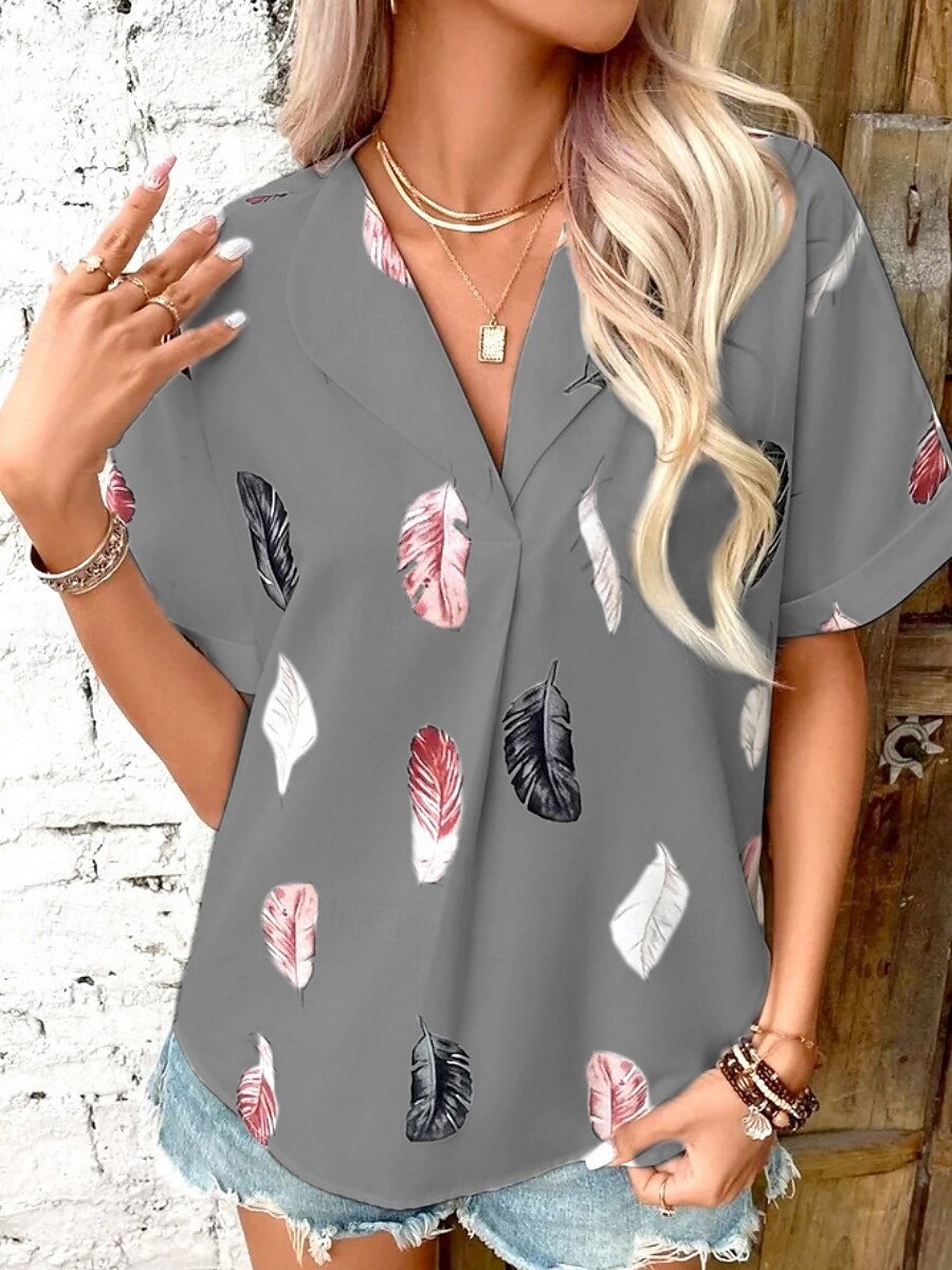Women's Shirt Feather Stylish Casual Short Sleeve Shirt Collar Regular Tops Daily Buttons Print Black White Pink Wine Blue Summer Spring 2025 - $19.99 –P14