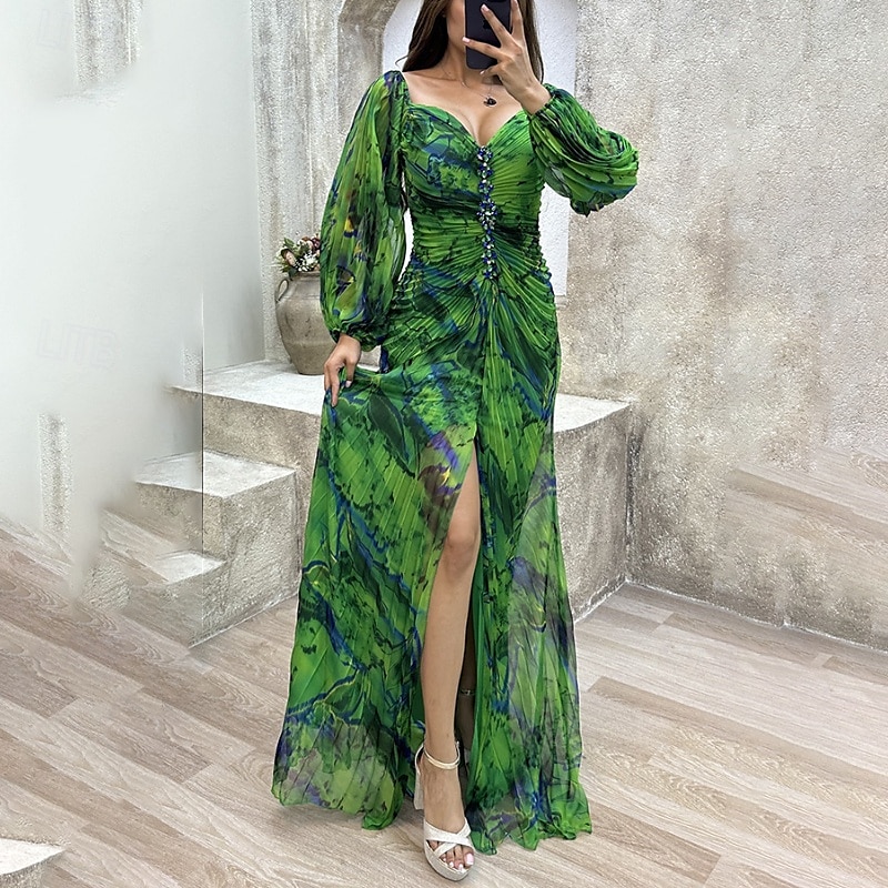 Femme robe longue robe soirée Robe froncée Mode Soirée Standard Fleur manche longue Col V Jaune Vin Bleu Vert Eté de 2025 ? $30.99 –P10