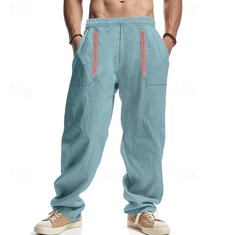 Men's Linen Pants Trousers Summer Pants Beach Pants Patchwork Drawstring Straight Leg Plain Comfort Breathable Full Length Casual Daily Holiday Fashion Classic Style Black White 2026 - $26.99 –P12