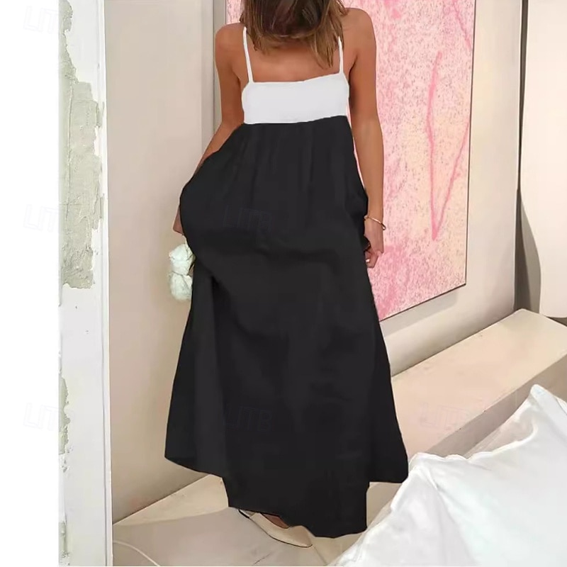 Damen Langes Kleid Maxikleid Leinen-inspirierte Kleider Baumwoll-Leinenkleid Unterkleid Mode Klassisch Täglich Ferien Wochenende Normale Passform Farbblock Ärmellos Spaghettiträger Schwarz Rosa 2025 - $32.99 –P5