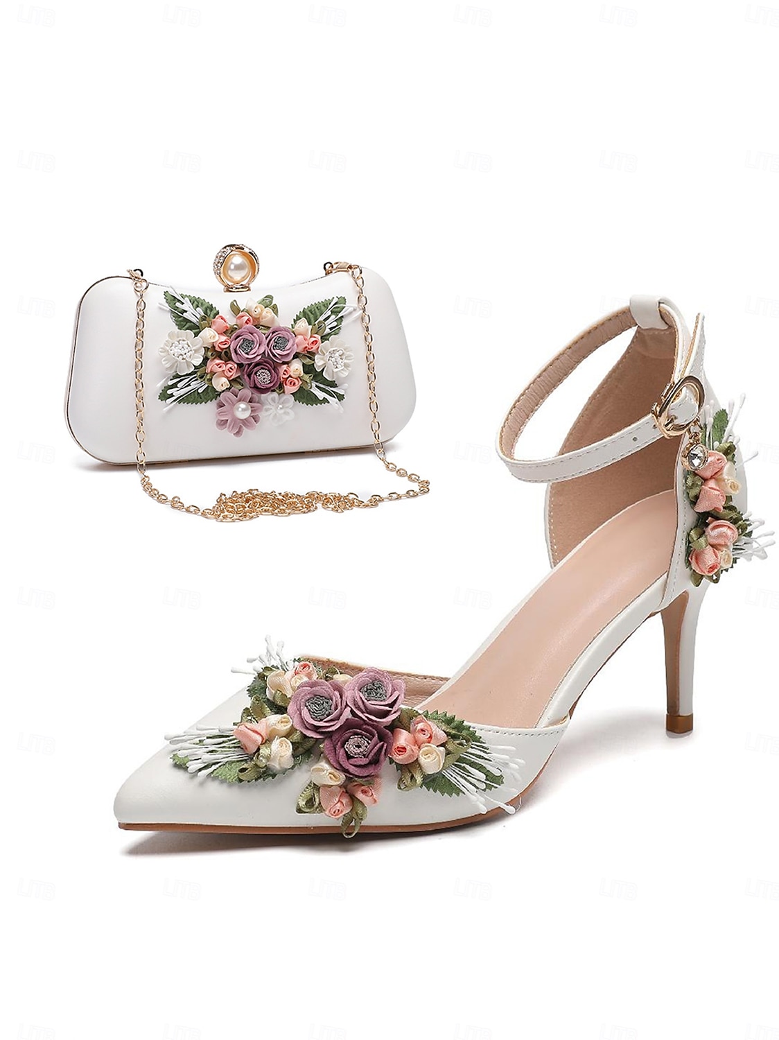 hvite blomstrede høyhælte pumps med matchende clutch – romantiske sko til bryllup og spesielle anledninger for kvinner blå rhinestone bue wedge s 2025 - $99.99 –P4