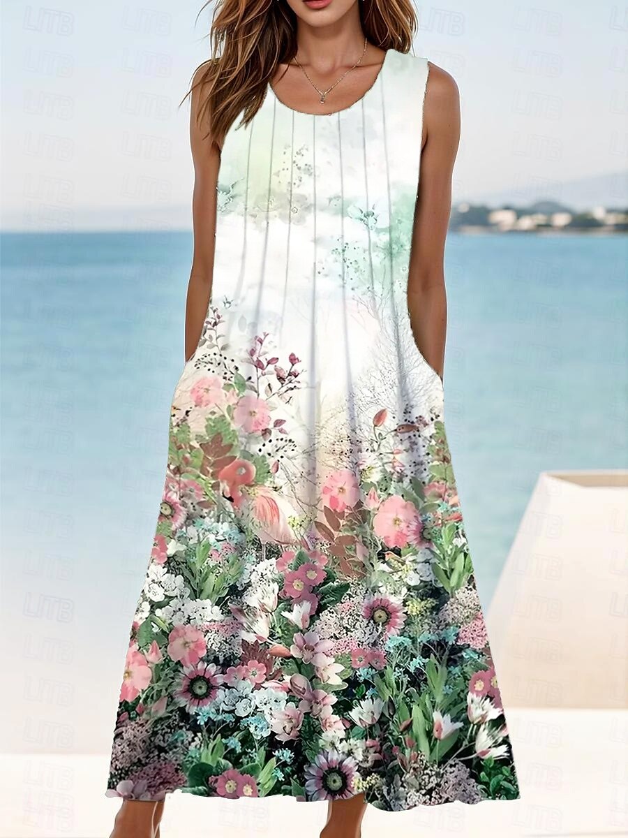 Damen Midikleid Trägerkleid Sommerkleid Faltenkleid Elegant Urlaub Boho Urlaub Täglich Strand Normale Passform Ombre Blumen Grafik Ärmellos Rundhalsausschnitt Hellgrün Sommer Frühling 2025 - $36.99 –P1