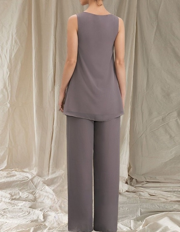 Macacão  Conjunto de Calça 3 Peças Mãe da Noiva Vestido de Convidada de Casamento Elegante Gola Redonda Comprimento Total Chiffon Manga Longa com Babados de 2025 por $139.99 –P5