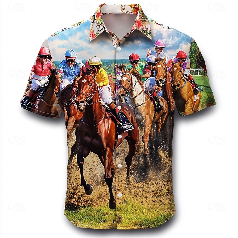 Kentucky Derby Bărbați Cursa de cai Cămașă Camașă cu nasturi Manșon scurt Vintage Retro Vacanță Concediu Festival Vară Primăvară Răsfrânt Imprimare 3D Cămăși amuzante Kentucky Derby Albastru piscină 2026 - $25.99 –P1