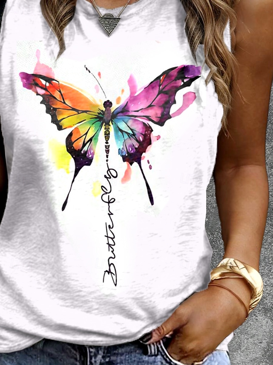 Top na ramiączkach dla kobiet Graficzny Wzór Motyla Stylowy Casual Bez rękawów Okrągły dekolt Regularne bluzki Codziennie Print Biały Lato 2025 - $17.99 –P3