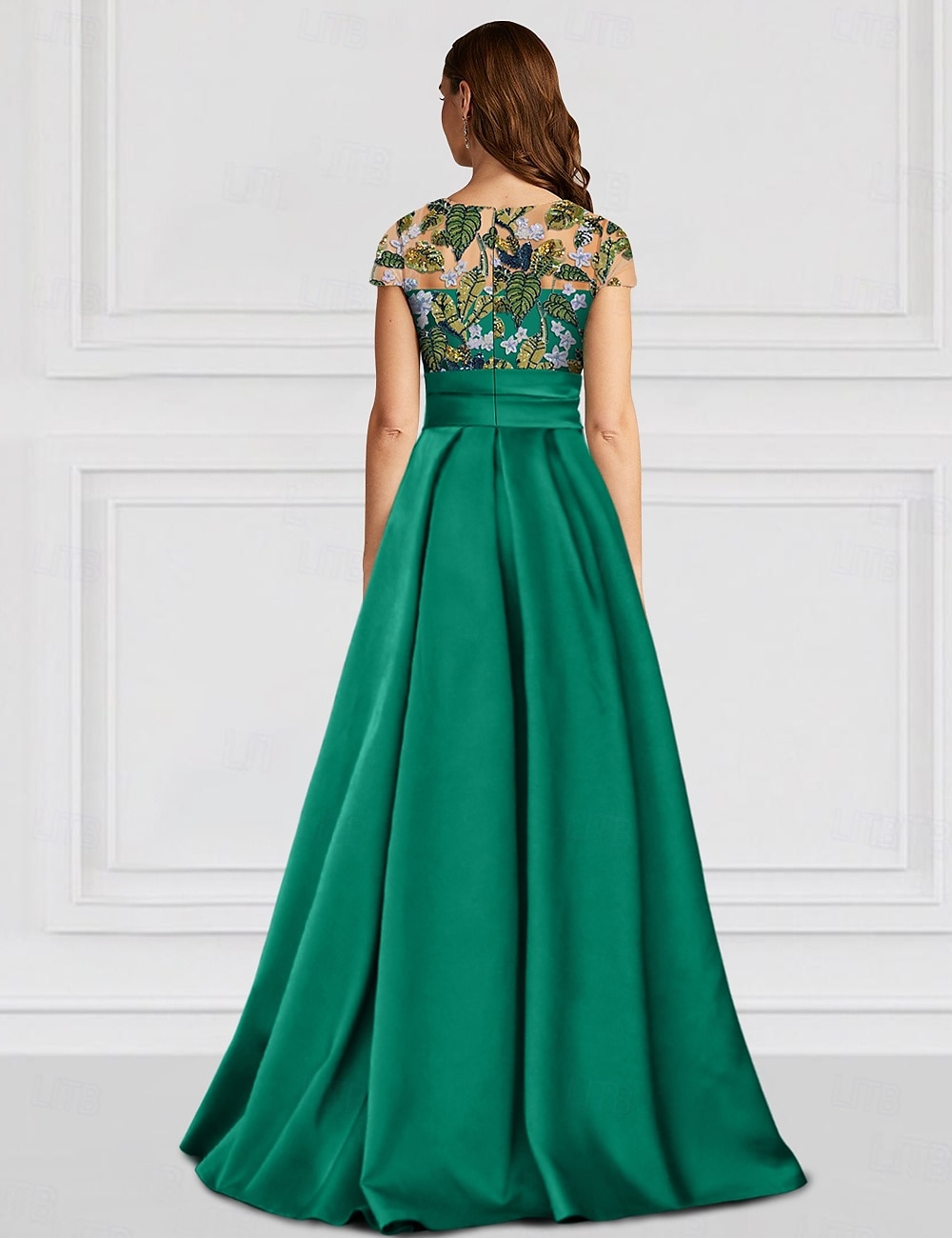 Green Floral Embroidered Leaf A-Line Evening Gown Elegant Dress Formal Wedding Floor Length Half Sleeve Illusion Neck Satin with Slit Appliques 2025 2025 - $158.99 –P2