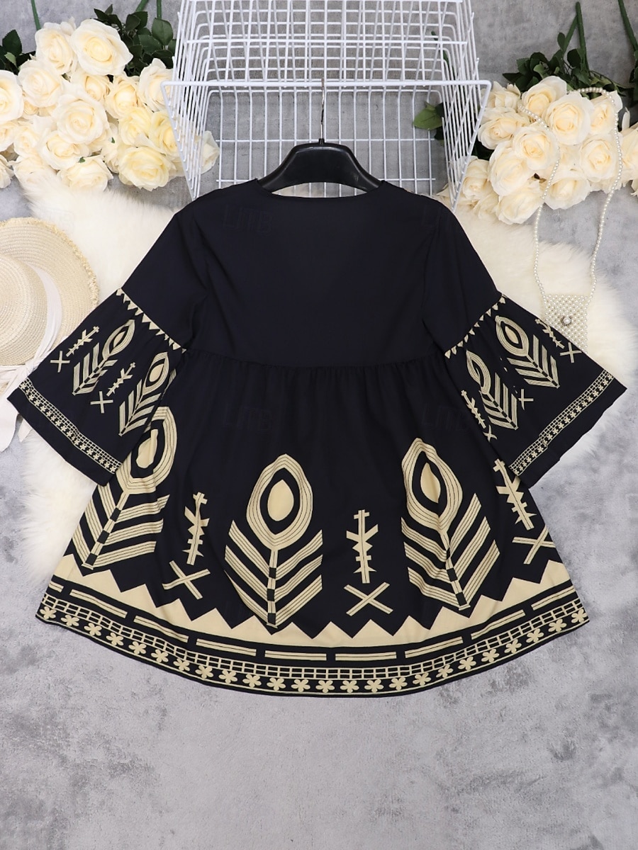 Femmes Mini Robe Robe trapèze Occasionnel Extérieur Sortir Coupe régulière Graphique Géométrique Manche 3/4 Col en V Noir Été de 2025 ? $32.99 –P10
