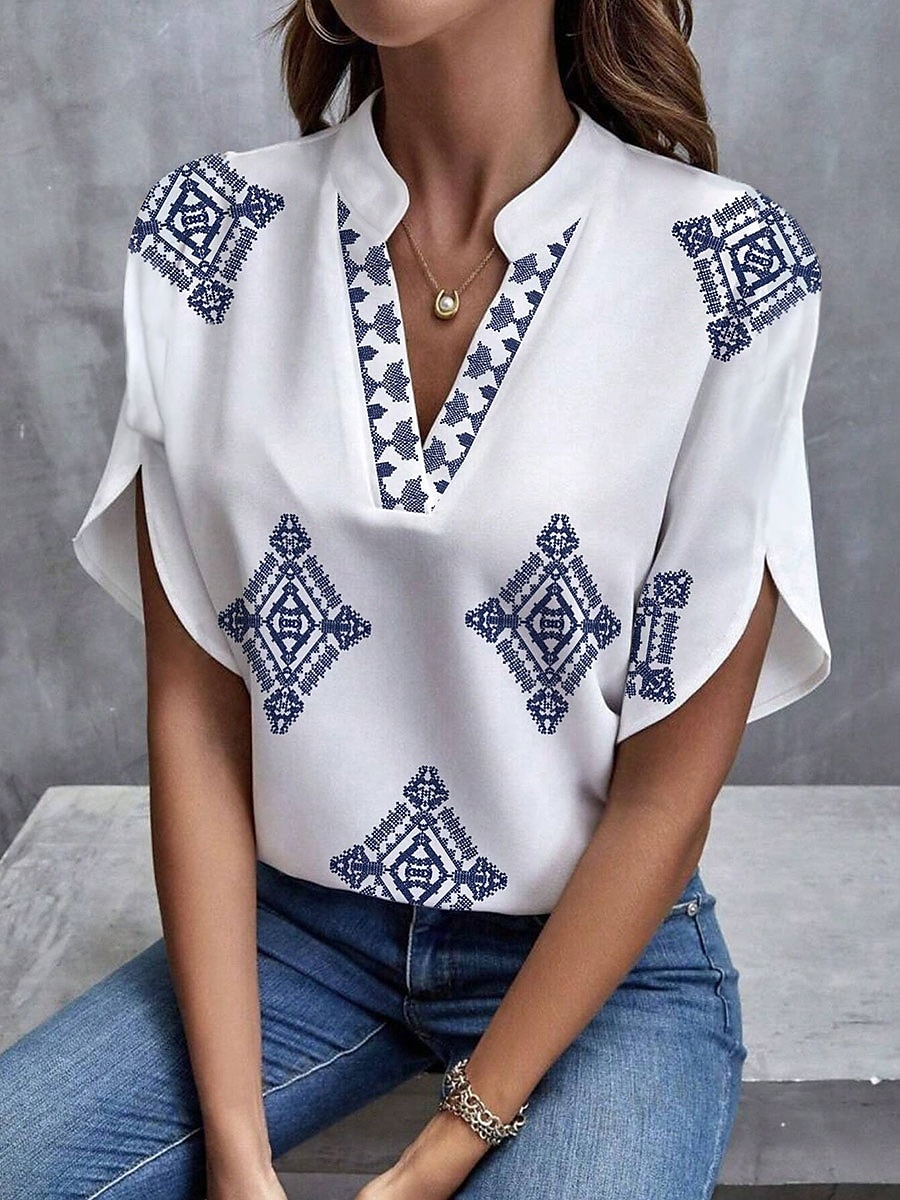 Bluză Femei Gât în V Grafic Geometric Elegant Plajă Mâneci Scurte Tops Regulare Cotidian Imprimare Albastru Vara Primăvară 2025 - $23.99 –P1