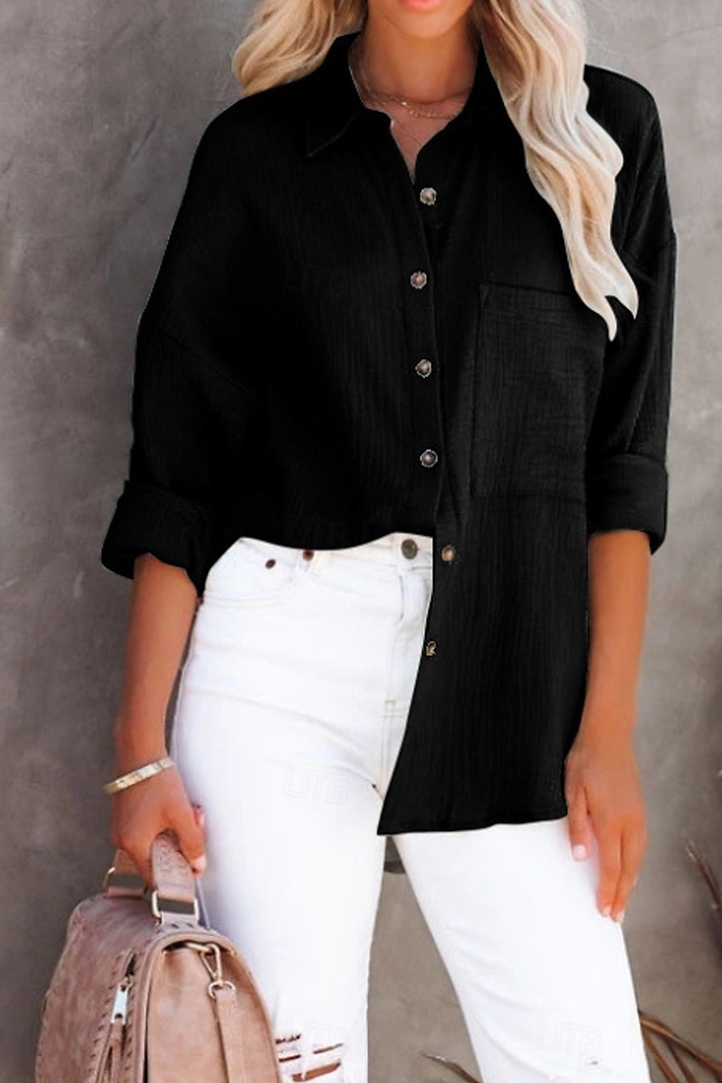 Per donna Camicia Camicie ispirate al lino Abbottonare Semplice Elegante Manica Lunga Colletto a Camicia Top Regolari Quotidiano Ferie Bottoni Nero Bianco Verde chiaro Arancione Estate del 2025 a $22.99 –P13
