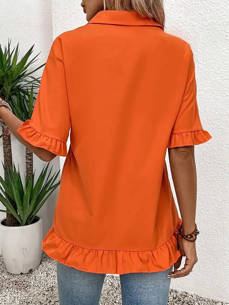 Damen Hemd Einfarbig Damen Arbeit Halbarm Glockenärmel Hemdkragen Normale Oberteile Arbeit Täglich Rüsche Knöpfe Weiß Orange Sommer Frühling Herbst 2025 - $21.99 –P6