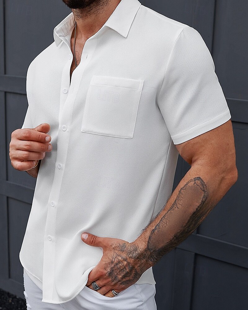 Men's Shirt Summer Shirt Casual Shirt Beach Shirt Button Up Shirt Black White Short Sleeve Plain Shirt Collar Vacation Hawaiian Front Pocket Clothing Apparel Polyester Fashion Casual Comfortable 2025 - $26.99 –P3