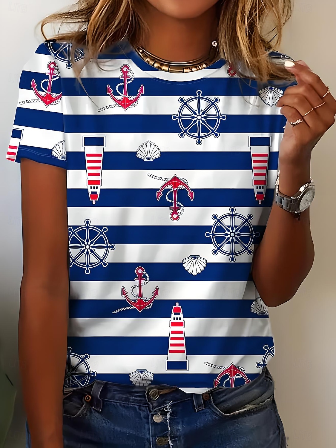 T-shirt dla kobiet w paski Ocean codzienny krótki rękaw okrągły dekolt regularne topy codzienne na wyjście weekend nadruk granatowa latem 2025 - $19.99 –P1