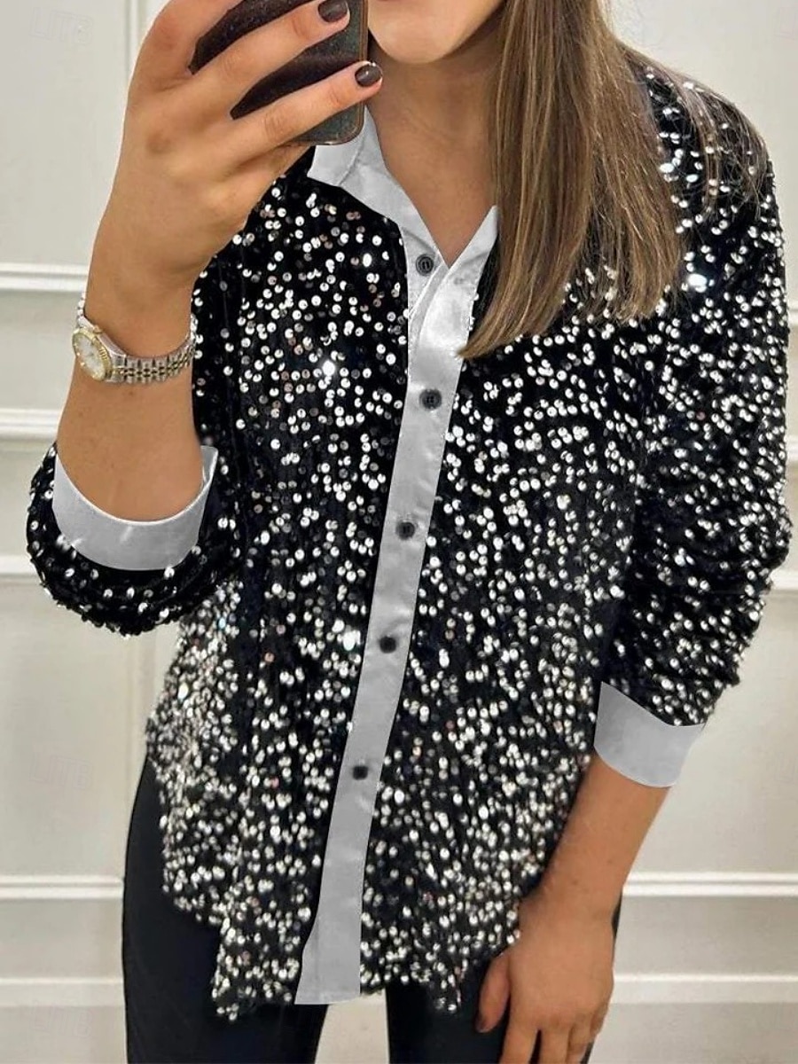 Per donna Camicia Blusa Semplice Elegante Moderno Manica Lunga Colletto a Camicia Top Regolari Quotidiano Paillettes Bottoni Tasca Nero Giallo Rosso Blu Viola Estate del 2025 a $23.99 –P1