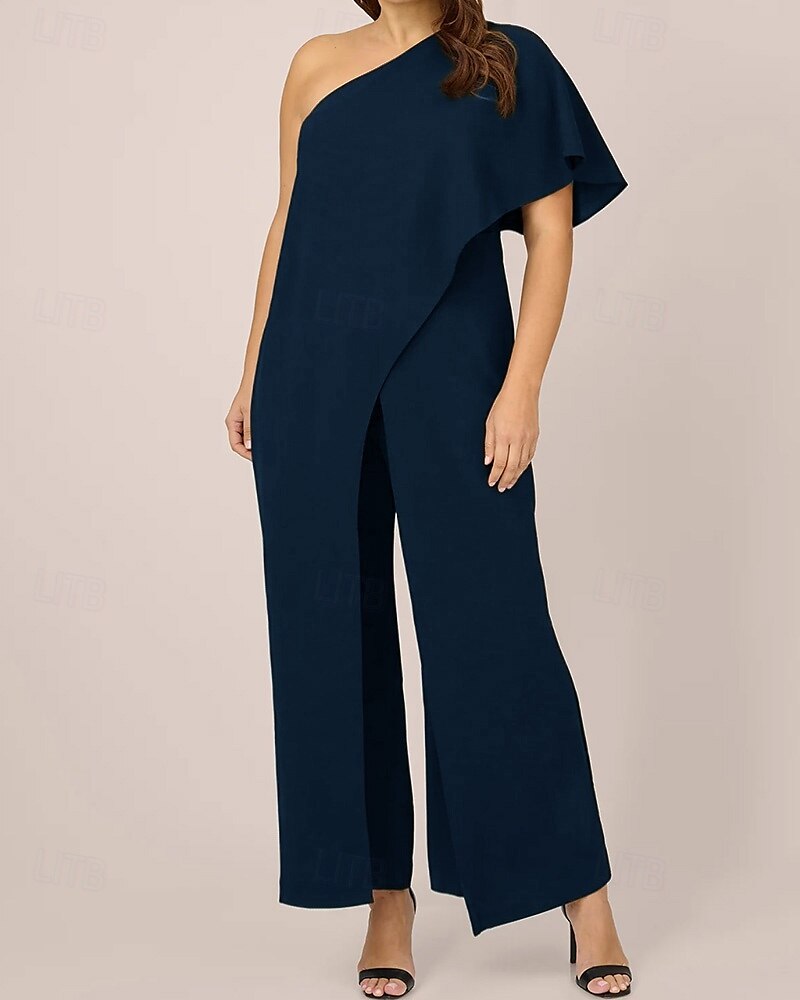 Jumpsuits Mother of the Bride  Elegant Simple Minimalist One Shoulder Floor Length Crepe Short Sleeve with Ruffles 2025 - $136.99 –P4
