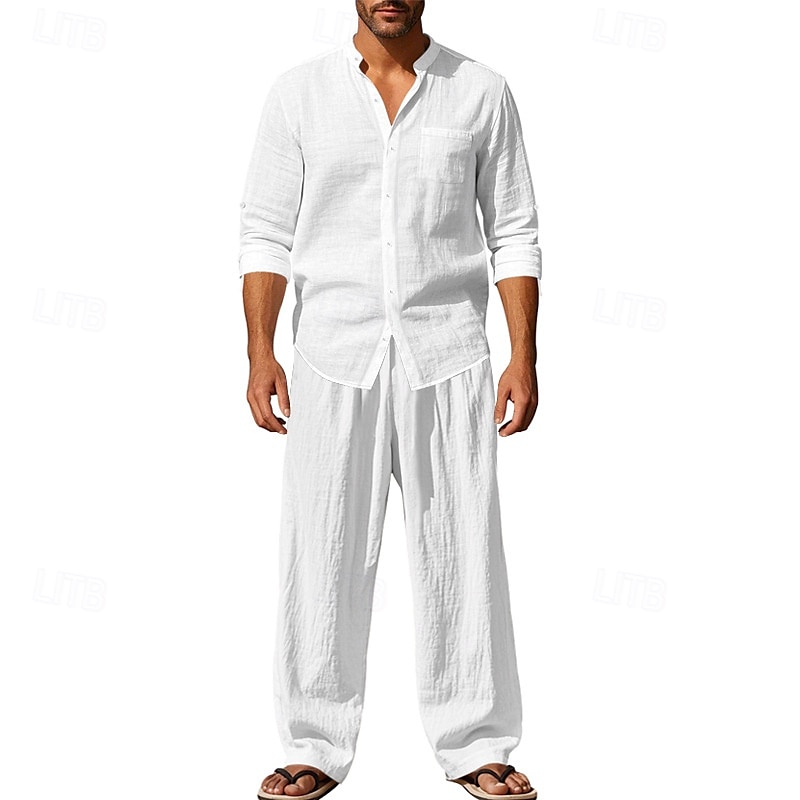 Men's T-shirt Suits Shirt and Pant Sets 2 Pieces Outfits Long Sleeve Stand Collar Summer Spring Plain Fashion Casual 2 Piece Vacation Daily Wear Going out Black White Blue Top Tee for Men 2025 - $48.99 –P10