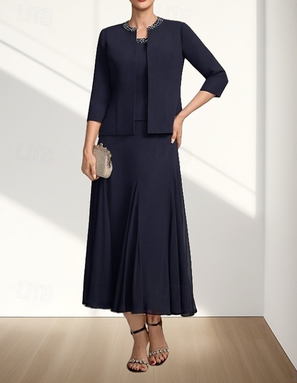 Two Piece A-Line Mother of the Bride Dress Wedding Guest Elegant Crew Neck Tea Length Chiffon 3/4 Length Sleeve with Beading Midi Dress 2025 - $157.99 –P3