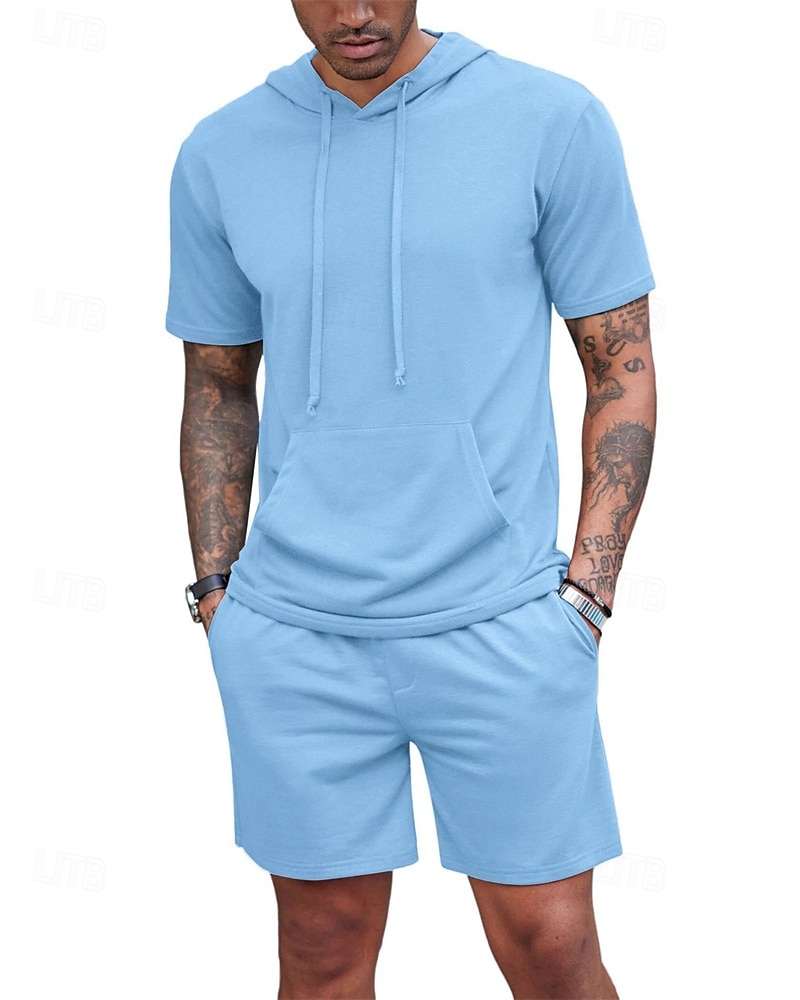 Bărbați Trening Tricou și pantaloni scurți Set de ținute Hanorac cu gluga În aer liber Zilnic Sport Buzunar Cordon Simplu Roșu Vin Negru Alb Poliester Îmbrăcăminte de Sport  Șic Stradă Ușor Vară 2025 - $30.99 -P16