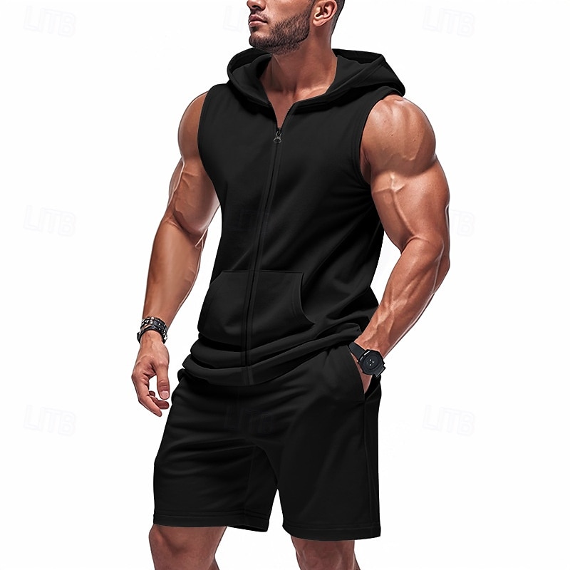 Men's T-shirt Suits 2 Pieces Outfits Tee & Shorts Short Sleeve Hooded Summer Plain Fashion Casual 2 Piece Vacation Daily Wear Going out Black Yellow Red Top Tee for Men 2025 - $41.99 –P14