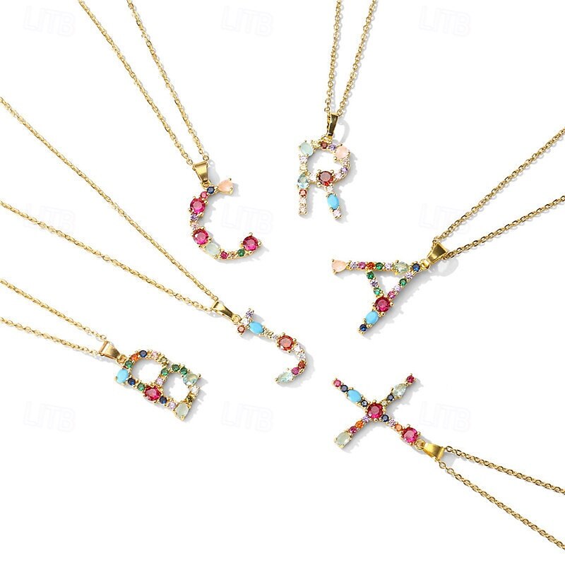collana con lettera personalizzata, catena hip hop per clavicola, ciondolo con alfabeto in zircone colorato micro-pavé di rame, regalo di gioielli unico per la festa della mamma del 2025 a $7.99 –P4