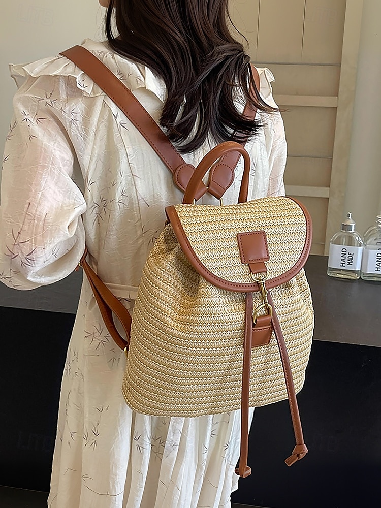 stro rugzak voor vrouwen – boho geweven rotan reistas met leren banden, chique zomer strand rugzak, casual vakantie & dagelijks gebruik handtas wit roze bruin 2025 - $29.99 –P4