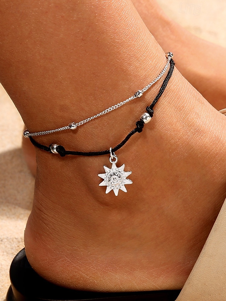 boho sun charm nilkkakoru naisille – säädettävä kerroksittainen rantajalkakoru, hopeaketju & musta nyöri nilkkaranneke kesään, lomaan ja päivittäiseen käyttöön 2025 - $7.99 –P2